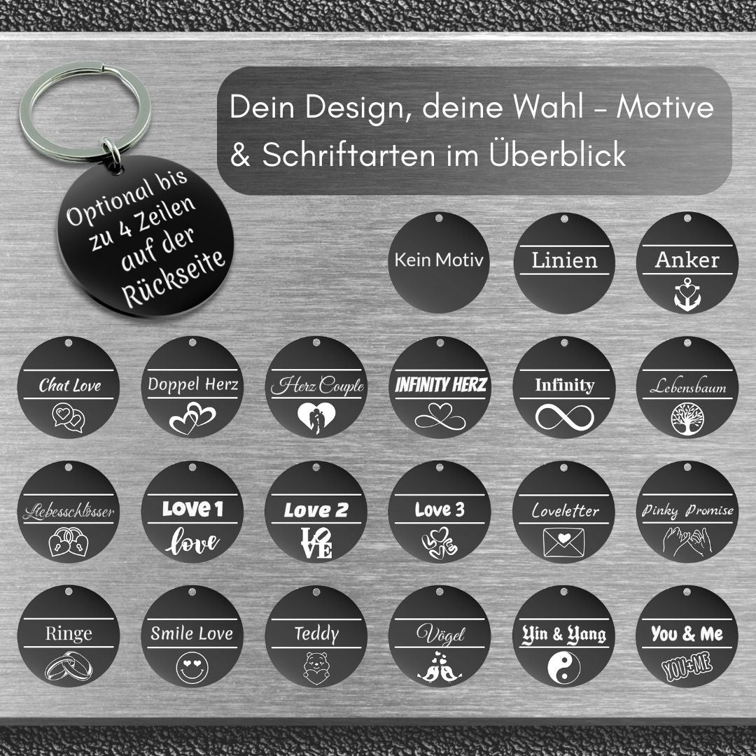 Edelstahl Schlüsselanhänger mit Gravur - 30 mm Durchmesser - Runder Anhänger schwarz - Mit Motiv und Text - Liebe & Verbundenheit