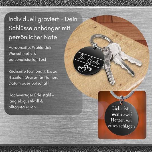 Edelstahl Schlüsselanhänger mit Gravur - 30mm Durchmesser - Runder Anhänger schwarz - Mit Motiv und Text - Liebe & Verbundenheit