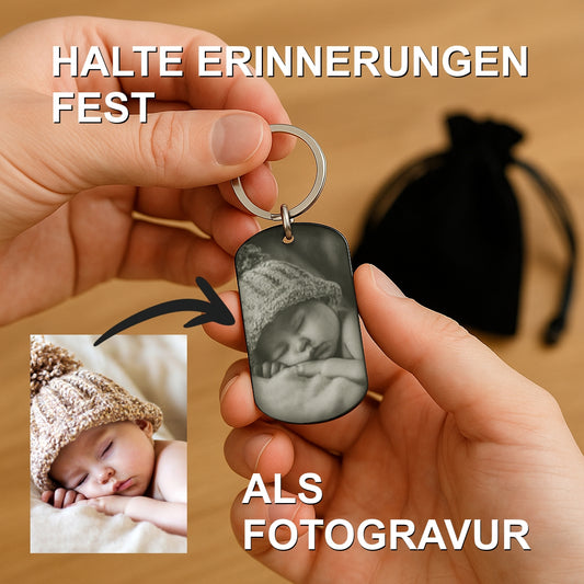 Personalisierbarer Dog Tag Schlüsselanhänger mit Fotogravur – Schwarzer Edelstahl mit Wunschtext und Bild