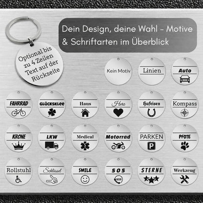 Edelstahl Schlüsselanhänger mit Gravur - 30 mm Durchmesser - Runder Anhänger - Mit Motiv und Text - Alltag & Beruf