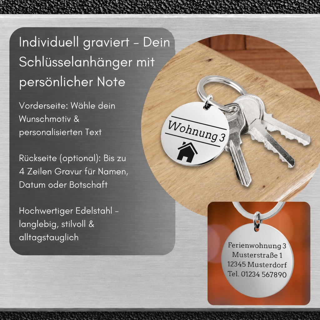 Edelstahl Schlüsselanhänger mit Gravur - 30 mm Durchmesser - Runder Anhänger - Mit Motiv und Text - Alltag & Beruf