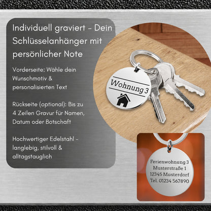 Edelstahl Schlüsselanhänger mit Gravur - 30 mm Durchmesser - Runder Anhänger - Mit Motiv und Text - Alltag & Beruf