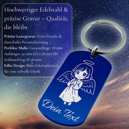 Personalisierter Schlüsselanhänger Schutzengel & Wunschtext - Blauer Edelstahl Anhänger