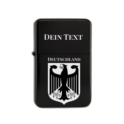 Benzinfeuerzeug schwarz mit Gravur Bundesadler Deutschland und Text